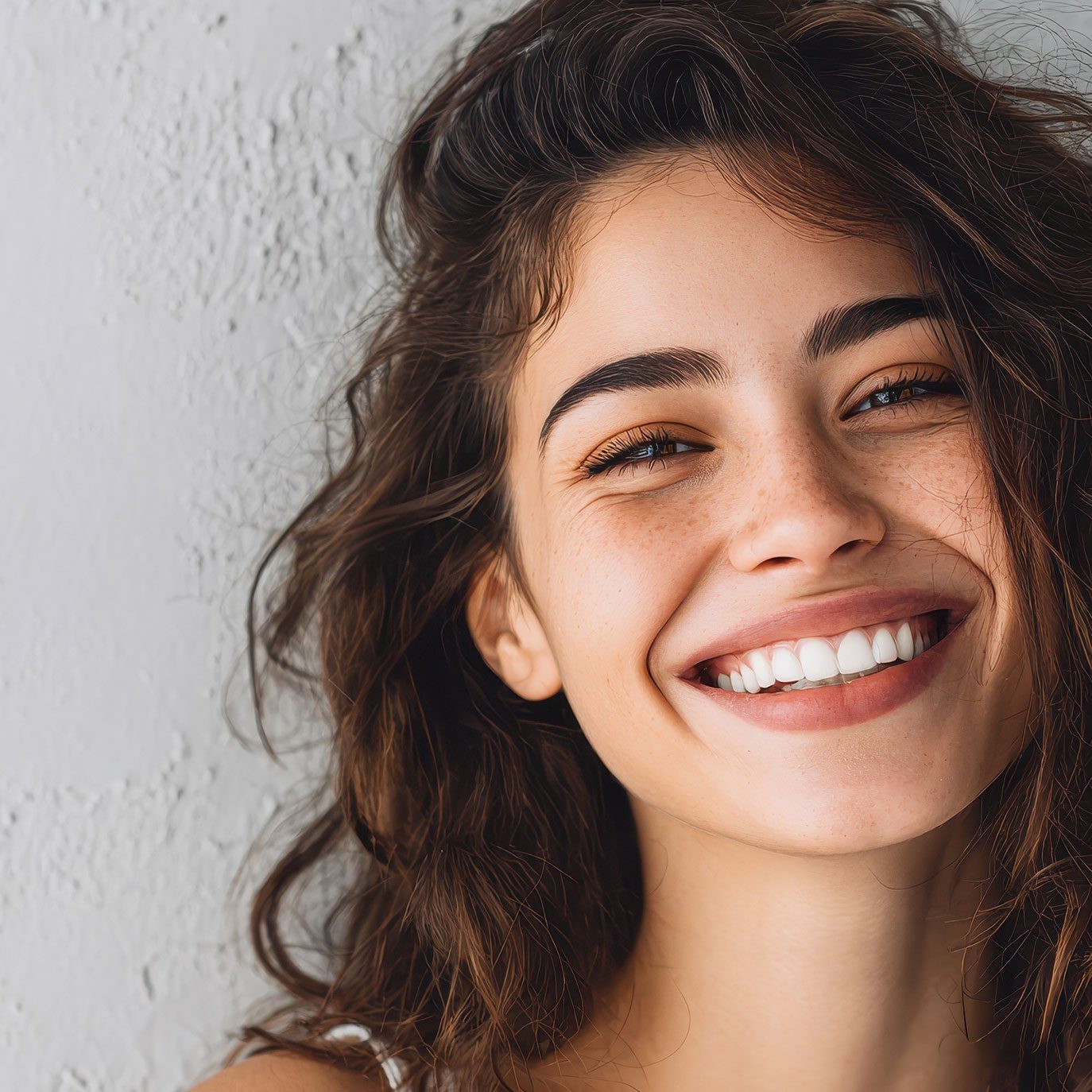 Chemical peels for brighter, even-toned skin — smiling woman with clear skin and dark wavy hair