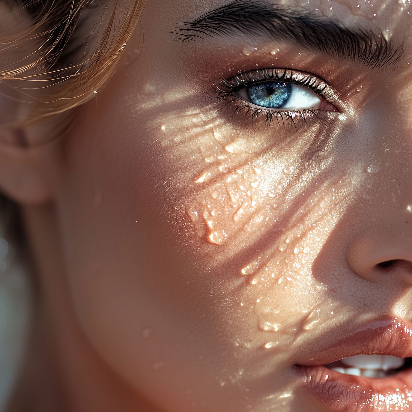 PRP and PRF therapy for skin rejuvenation — close-up of a woman's face with dewy skin