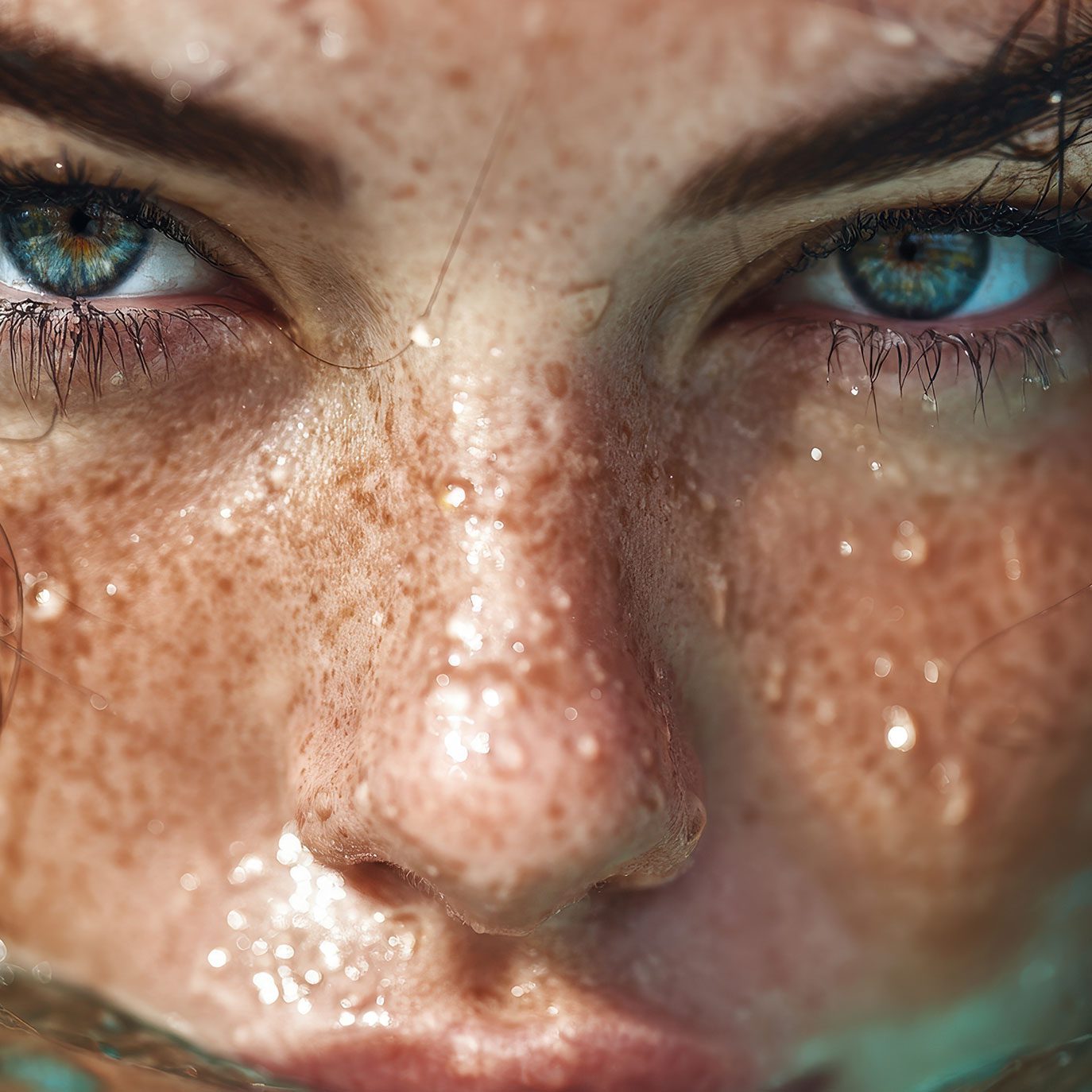 Skin boosters for hydration and glow — extreme close-up of freckled, dewy skin with water droplets