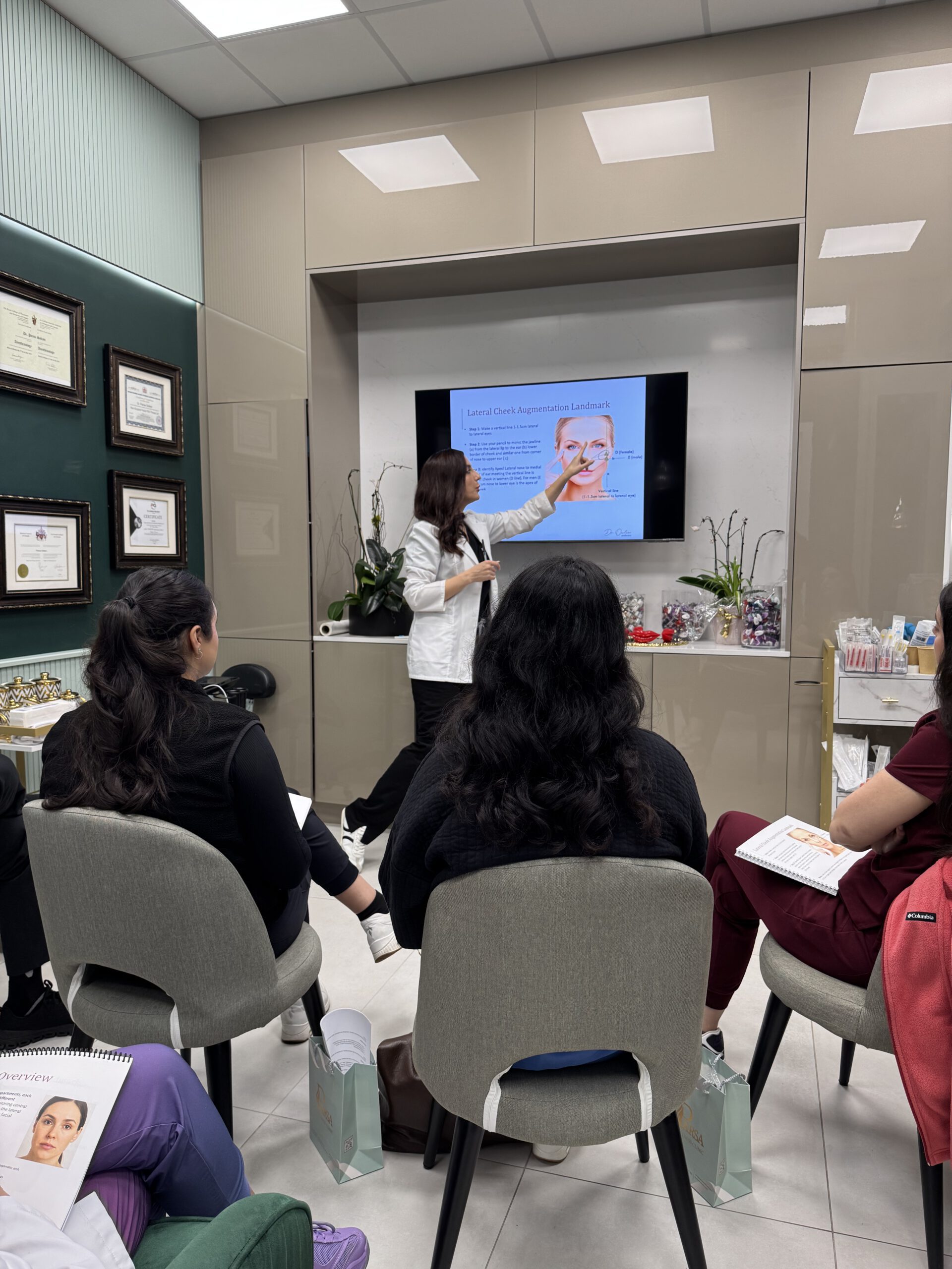 Foundation injectables course for medical professionals — Dr. Aida Owlia teaching facial injection anatomy to a class